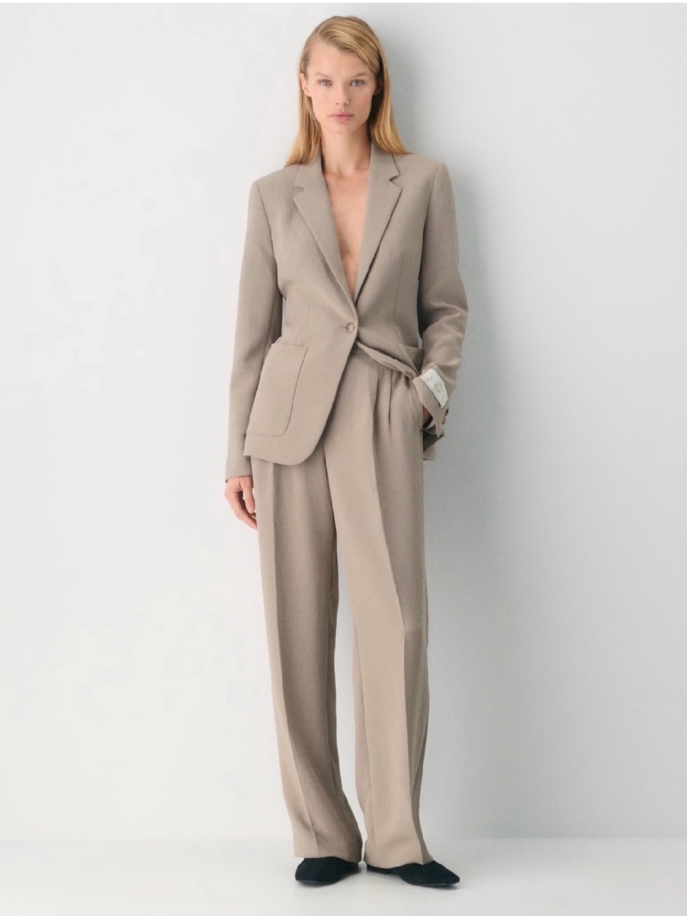 Aritzia Trousers Effortless Pants Crepette High-Rise Wide-Leg in Nomad Beige